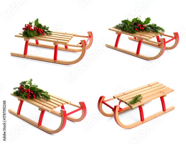Fototapeta A set of vintage wooden sleds with red runners, decorated with festive holly branches and red berries, isolated on a white background