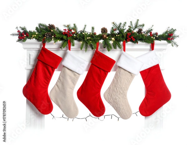 Fototapeta A festive set of decorative red and white plush Christmas stockings hanging below a pine garland with string lights on a mantelpiece isolated on white