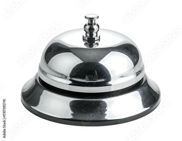 Fototapeta A shiny, chrome-like bell, often used at a reception desk. Its base is circular with a distinct lip. A small knob sits atop