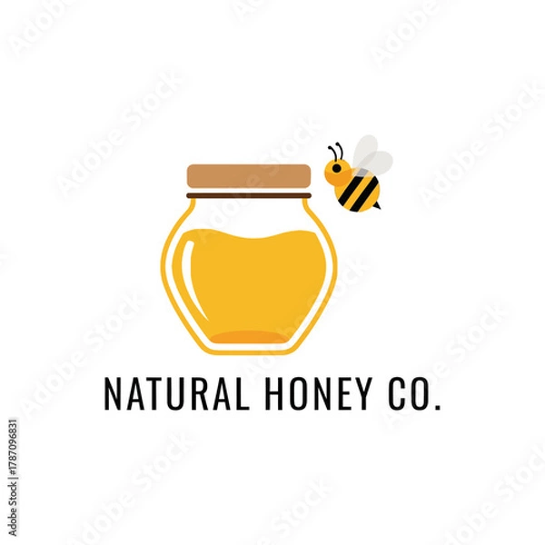 Fototapeta A charming illustration of a honey jar with a bee, perfect for branding a natural honey company or promoting healthy, sweet products with a touch of nature.