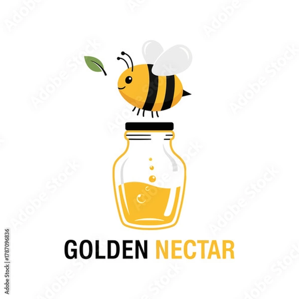 Fototapeta A charming illustration features a cheerful bee hovering above a golden nectar jar, with a single leaf adding a touch of nature and freshness to the scene.
