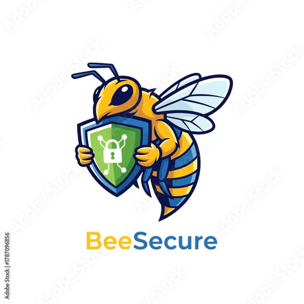 Fototapeta A cartoon bee character proudly holds a shield displaying a padlock symbol, representing security and protection in a playful and approachable manner.