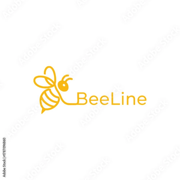 Fototapeta A minimalist vector logo depicts a stylized yellow bee with a single continuous line forming its body and the word "BeeLine" to the right, isolated on white.