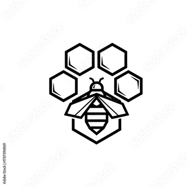 Fototapeta A stylized, minimalist vector illustration of a bee with honeycomb, rendered in black and white, suitable for logos, branding, or design elements.