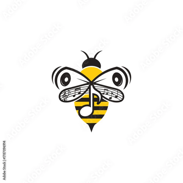 Fototapeta A creative logo design featuring a bee with music note wings and speaker eyes, symbolizing the harmony between nature and sound on a white backdrop.