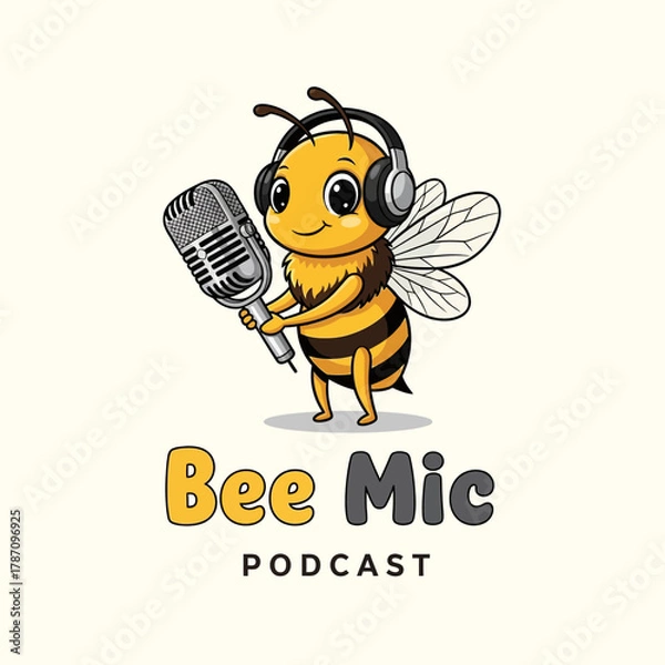 Fototapeta A cartoon bee with headphones stands holding a vintage microphone, representing a podcast named Bee Mic, set against a clean, light background.