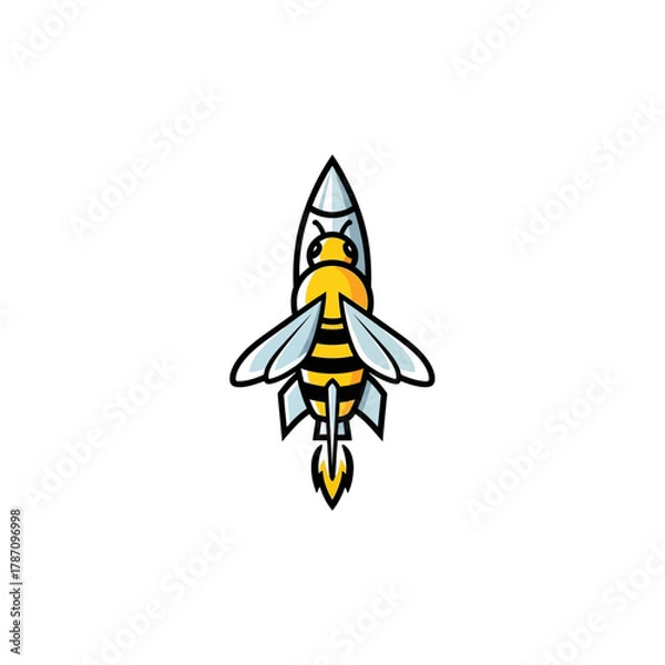 Fototapeta A whimsical cartoon illustration showcases a bee ingeniously merged with a rocket, symbolizing speed, innovation, and the power of nature in flight.