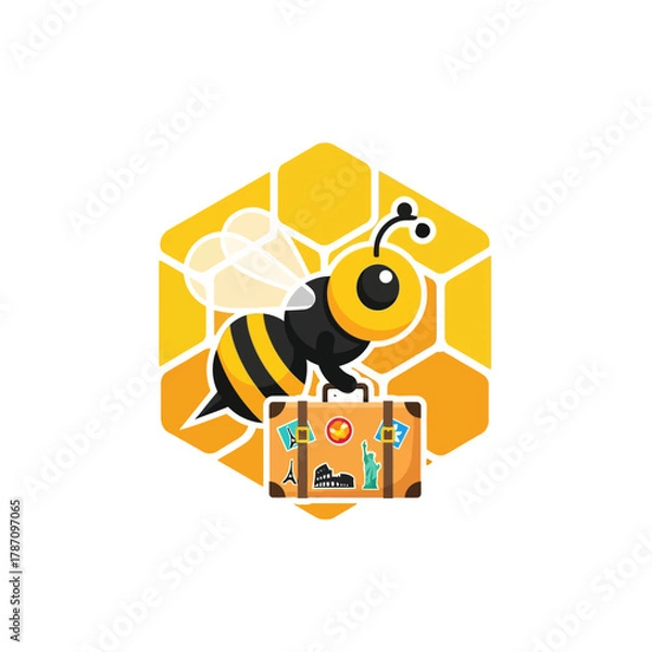 Fototapeta A whimsical illustration features a charming bee character on vacation, complete with a suitcase adorned with travel stickers, set against a honeycomb backdrop.