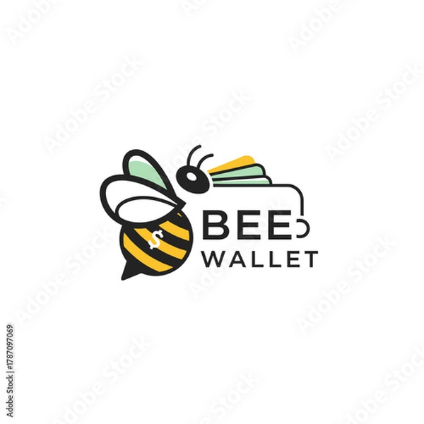 Fototapeta A charming logo design featuring a stylized bee with a wallet, symbolizing financial savings, investment, and the concept of a "bee wallet" for secure transactions.