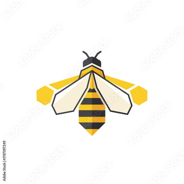 Fototapeta A stylized bee illustration with geometric shapes and a bright yellow and black color scheme, perfect for logos, icons, or design elements on a white background.