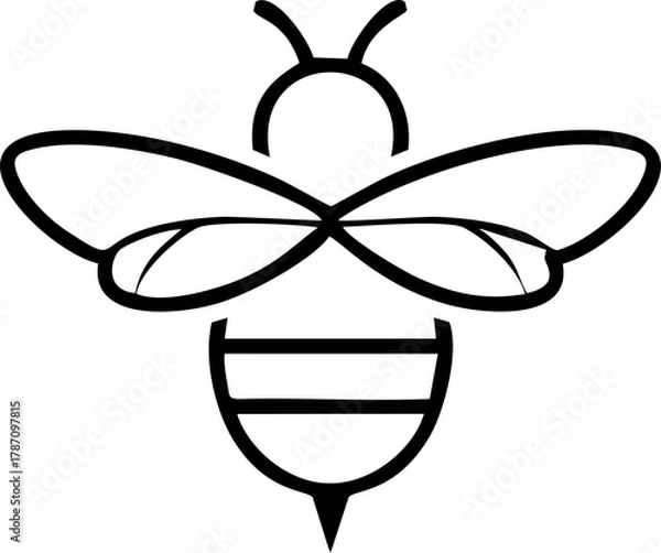 Fototapeta A minimalist black and white line drawing of a bee with stylized wings and body, perfect for logos or icons related to nature or honey products.