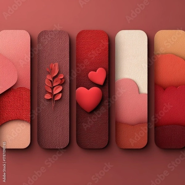 Obraz Colorful Textures and Patterns with Hearts and Leaves on Red Background