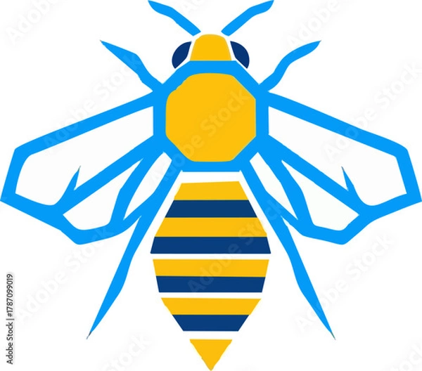 Fototapeta A vibrant illustration showcases a stylized bee with a striking combination of blue and yellow geometric shapes, perfect for design.