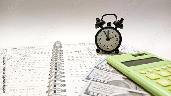 Fototapeta A black clock, green calculator, and dollar bills placed on an open calendar representing the concept of time management, financial planning, budgeting, and saving for future goals.