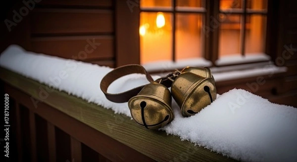 Fototapeta Winter Sleigh Bells Resting on Snowy Porch Railing Warm Glow Emanates from Window