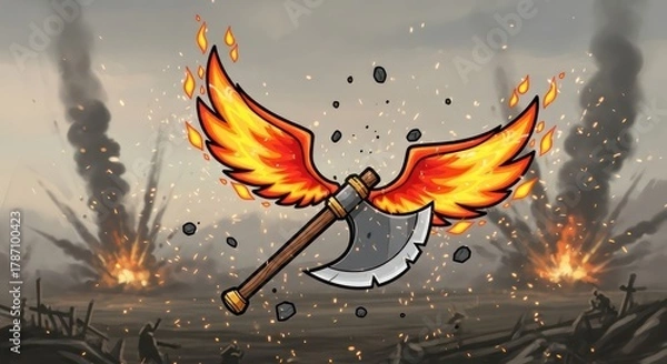 Obraz Fiery Winged Axe amidst a War-Torn Landscape with Explosions and Debris