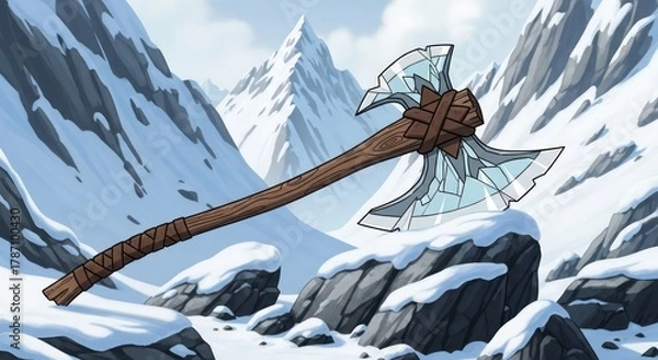 Obraz Fictional ice battle axe resting on snowy rocks with a backdrop of frosty mountains