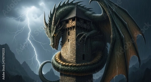 Obraz Majestic dragon guarding a medieval tower amidst a stormy landscape with lightning