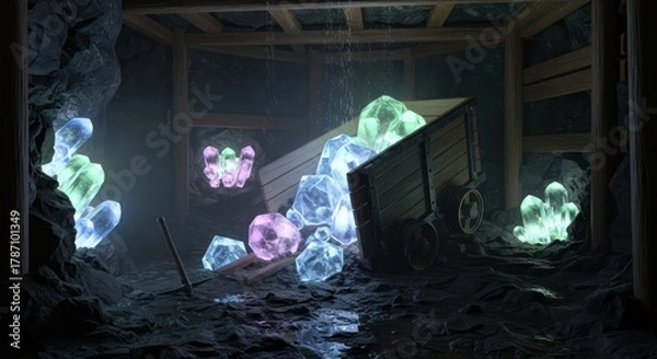 Obraz Mystic crystal mine, glowing gems, and aged mining cart in mysterious cavern