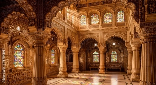 Obraz Spectacular Interior Design of Royal Indian Architecture Featuring Stained Glass and Intricate