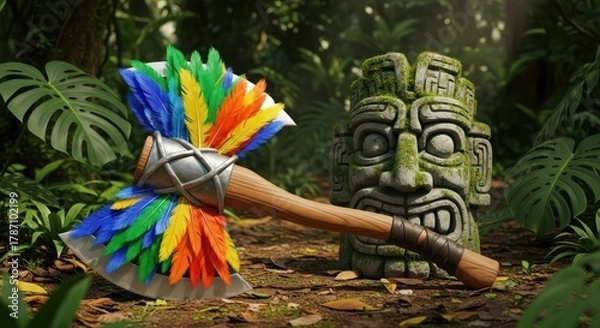 Obraz Vibrant feathered axe resting against an ancient stone idol amidst lush jungle foliage