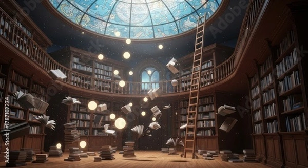 Obraz Whimsical library scene with floating books and glowing orbs under a celestial dome