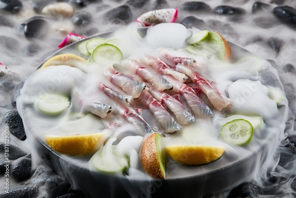 Fototapeta Arrange the glistening, white slices of fresh fish on a black round porcelain plate.