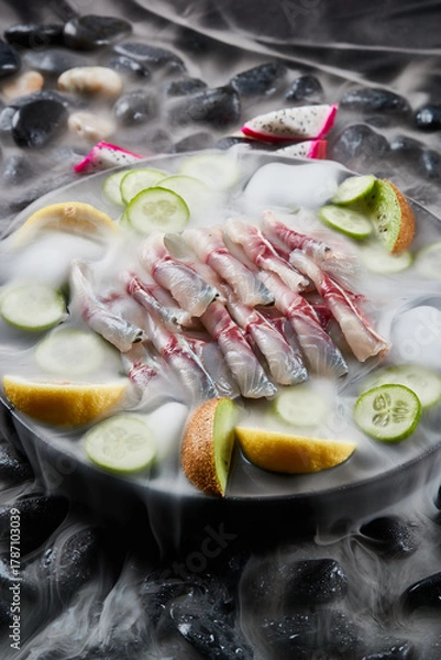 Fototapeta Arrange the glistening, white slices of fresh fish on a black round porcelain plate.