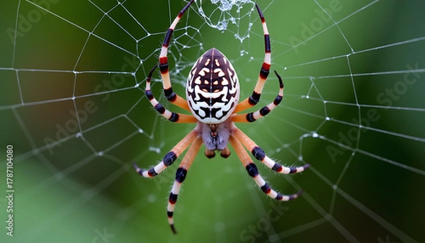 Fototapeta Colorful Spider in Web on Green Background