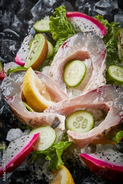 Fototapeta Arrange the glistening, white slices of fresh fish on a black round porcelain plate.