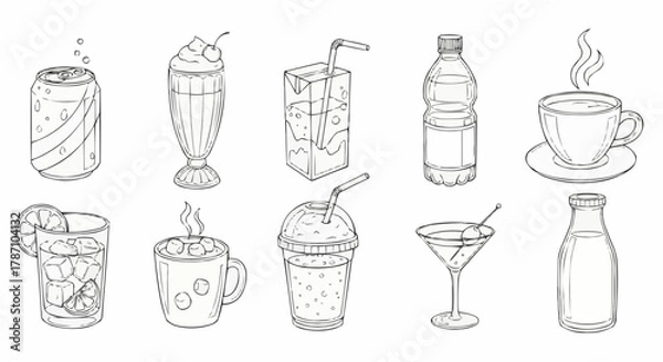Obraz Hand drawn collection of various refreshing beverages and drinks in sketch style.