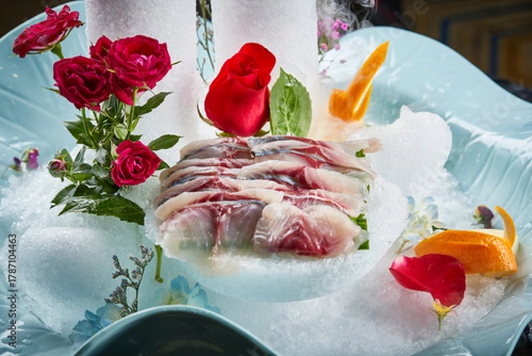 Fototapeta Arrange the glistening, white slices of fresh fish on a black round porcelain plate.