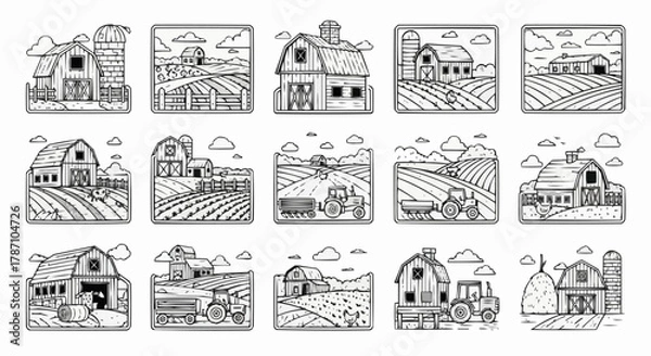 Obraz Hand-drawn sketches of various farm scenes and agricultural landscapes.