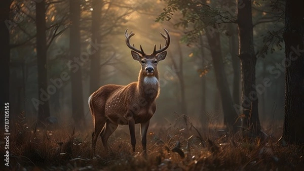 Fototapeta Impressive large male red deer stag with majestic antlers standing calmly within a dense, misty forest glade illuminated by warm morning sunlight. Wildlife and environment concept