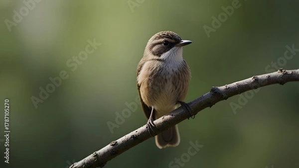 Fototapeta Tiny vibrant olive-green bird with distinctive brown eye stripe carefully perched upon a bare wooden branch in a lush natural environment. Wildlife and nature concept