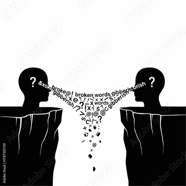 Fototapeta Silhouettes of two people communicating with broken words and symbols, representing misunderstanding.