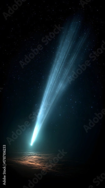 Obraz Comet flying through space with a bright tail glowing in the darkness of space, view of the night sky, astrophotography