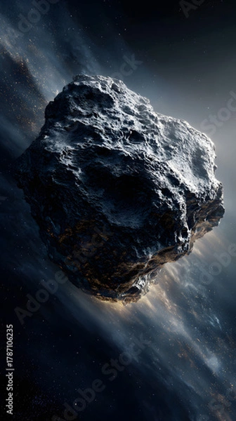 Obraz A hyper-detailed asteroid floating in deep space, textured with jagged iron and rock. The asteroid glows faintly from heat and trails fine cosmic dust against a dark background