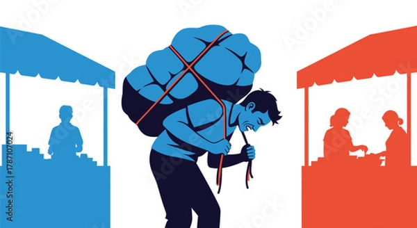Obraz Burdened vendor struggles to market at competing marketplace stalls