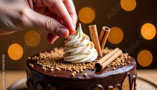 Fototapeta Decorating Chocolate Cake with Marshmallow and Cinnamon