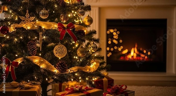 Fototapeta Festive Christmas Tree With Gifts Next to a Warm Fireplace