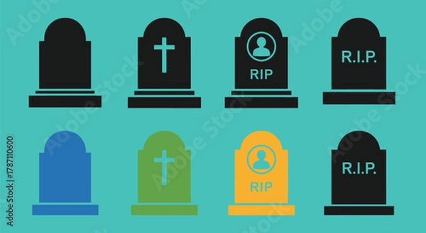 Obraz Colorful gravestones icons set for Halloween or funeral designs