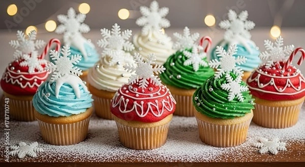 Fototapeta Festive Snowflake Frosted Holiday Cupcakes Delight