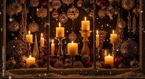 Fototapeta Warm glowing candles in ornate festive decorations with falling snow