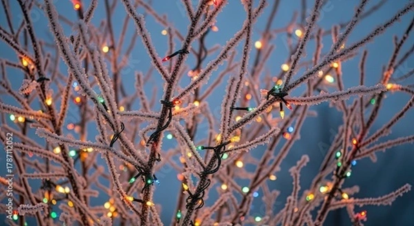 Fototapeta Frosty Branches Adorned With Colorful Christmas Lights During Winter Twilight