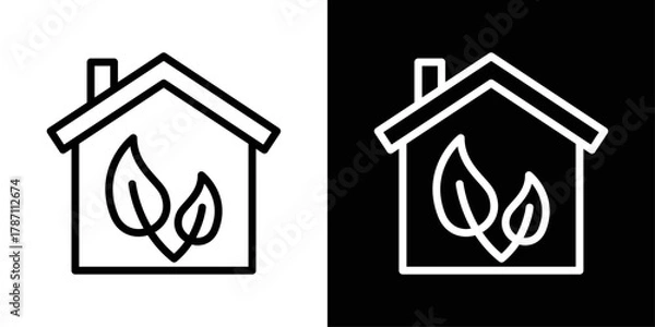 Obraz Eco house icon in black and white stroke on background. Perfect for sustainable living, green building, energy-efficient homes, and eco-friendly design concepts.