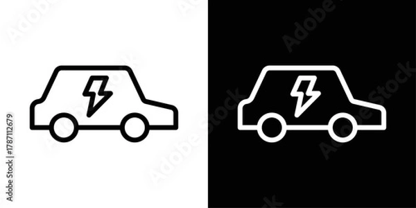 Fototapeta Electric car icon in black and white stroke on background. Ideal for EV charging apps, eco-transportation, sustainable mobility, and clean energy concepts.
