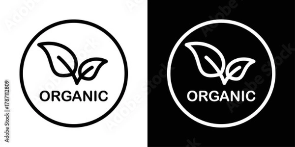 Fototapeta Organic product label icon in black and white stroke on background. Ideal for eco brands, packaging designs, healthy food visuals, and sustainability concepts.