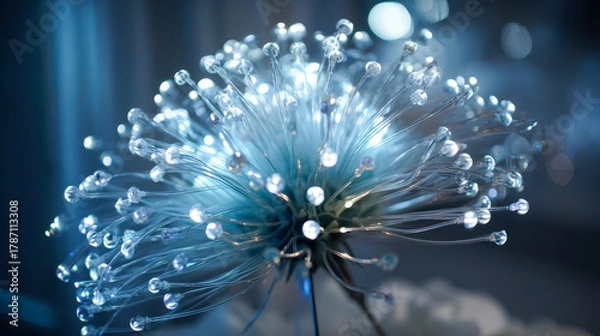 Fototapeta Futuristic fiber optic flower with glowing lights, abstract technology art in blue tones