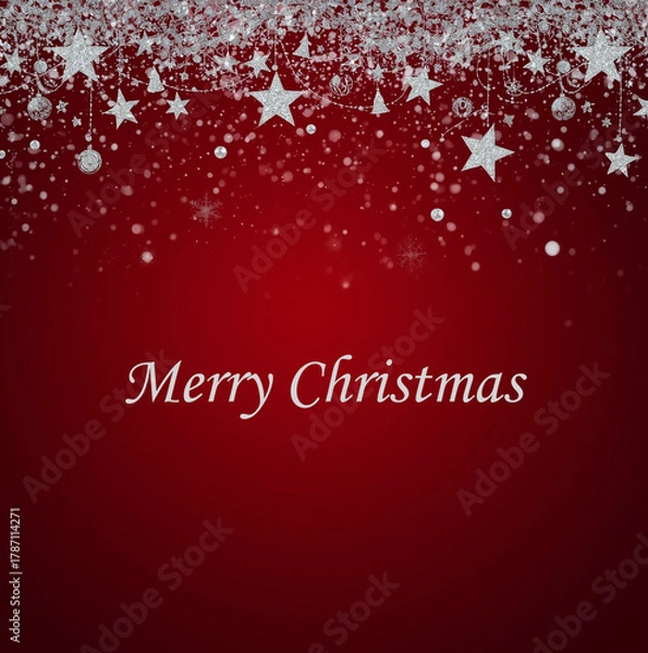 Fototapeta Merry Christmas Greeting Card: Red and Silver Festive Background with Star Ornaments